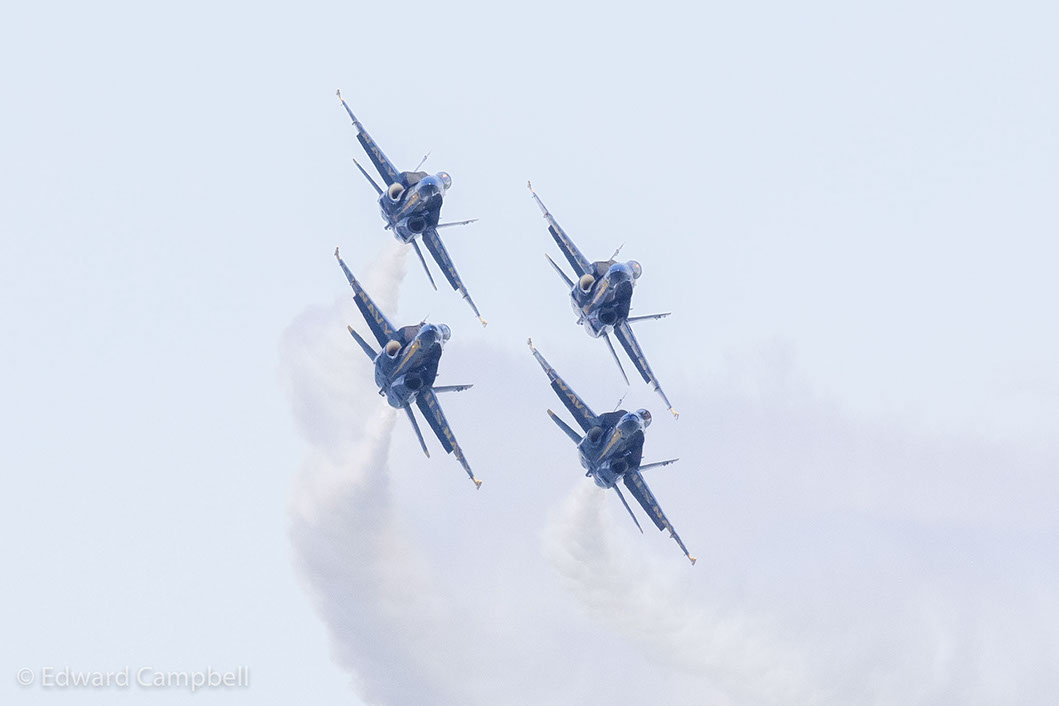 The Blue Angels Diamond approaches the field during the U.S. Navy Blue Angels performance at the 2016 Cleveland National Air Show.