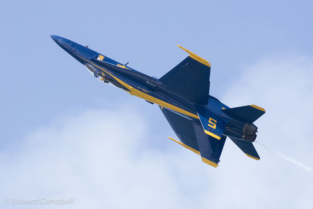 Lt. Ryan Chamberlain in Blue Angel 5 in an inverted roll during the U.S. Navy Blue Angels performance at the 2016 Cleveland National Air Show.