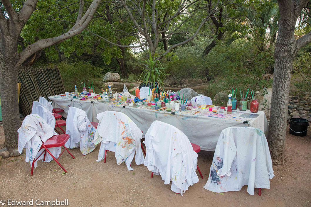 Paint supplies for an outdoor painting class at Miraval Resort and Spa Hotel, Tucson, Arizona